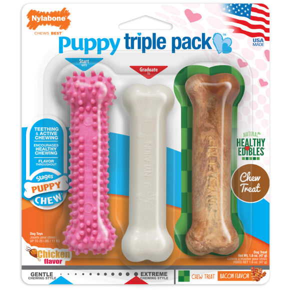 Nylabone Puppy Triple Pack Treat & Chew for Puppies- Variety Pack