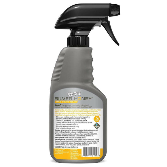 Silver Honey horse wound healing spray comes in a 8 oz bottle with a sprayable pump. This equine wound care spray gel promotes rapid healing and antibacterial protection for wounds and skin irritation in horses. 