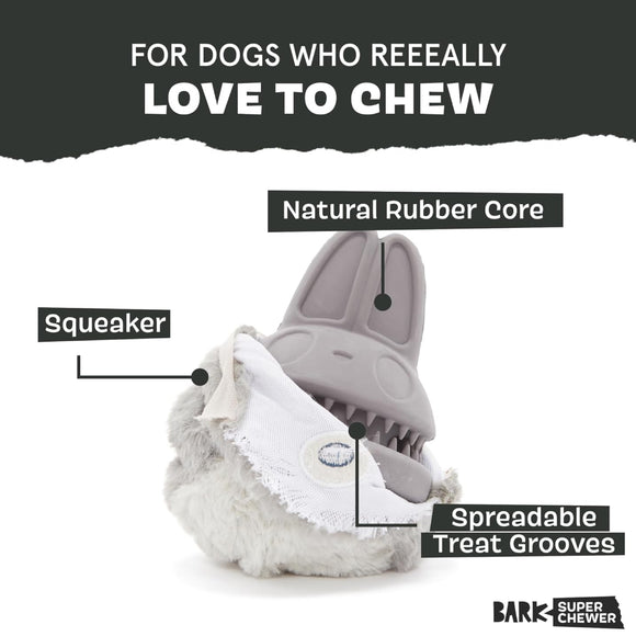 BARK Super Chewer Hare Raiser 2-in-1 Plush Exterior with Tough Center Treat Dispensing Dog Chew Toy