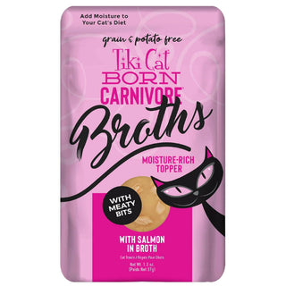 Tiki Cat Born Carnivore Broths Salmon in Broth with Meaty Bits Wet Food Toppper For Cats (1.3 oz x 12 pouches)