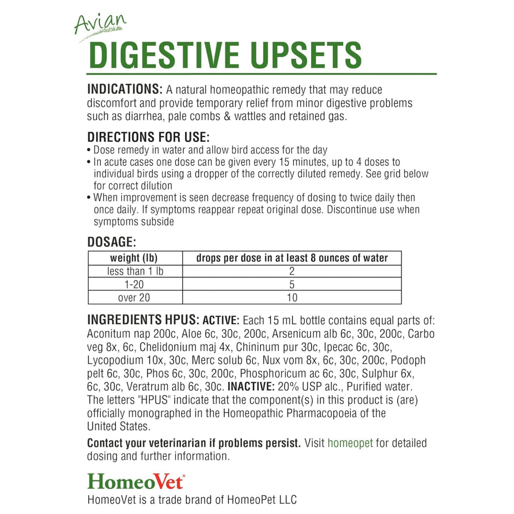 HomeoPet Avian Digestive Upsets For Poultry & Pet Birds (15 ml)