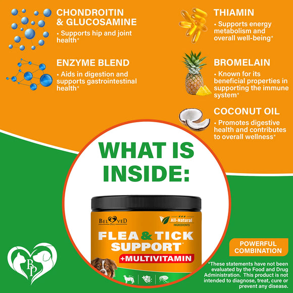 Beloved Pets Natural Flea & Tick Support + Multivitamin Chicken Flavored Soft Chews for Dogs (10 oz)