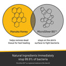 Manuka honey works to help remove dead tissue for fast healing and microsilver bg stays on the skins surface to fight bacteria. 