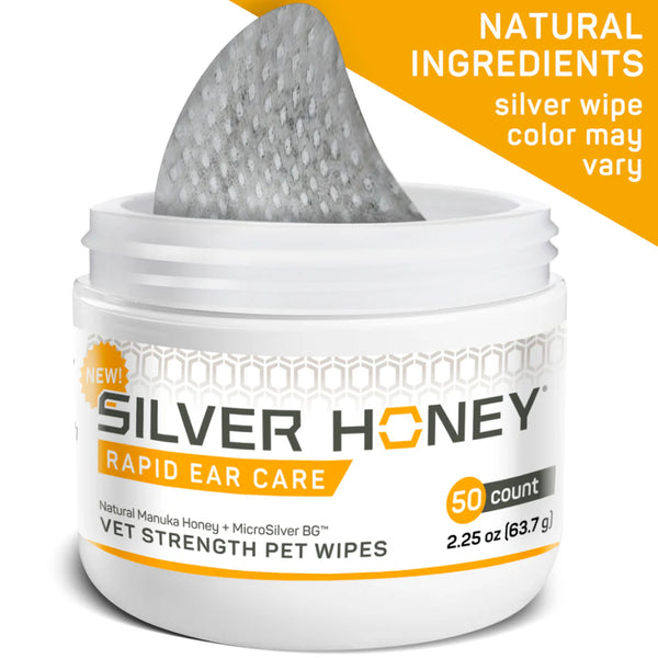 Are you looking for vet strength ear care without a prescription? Silver honey ear care wipes contain natural antimicrobial ingredients like manuka honey and are labeled as vet strength. 