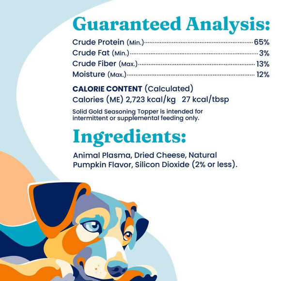 This healthy digestion dog supplement contains animal plasma, dried cheese, natural pumpkin flavor, and 2% or less of silicon dioxide. 