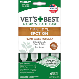 Vet's Best Flea & Tick Spot Treatment for Medium Dogs 16-40 lbs (4 doses)