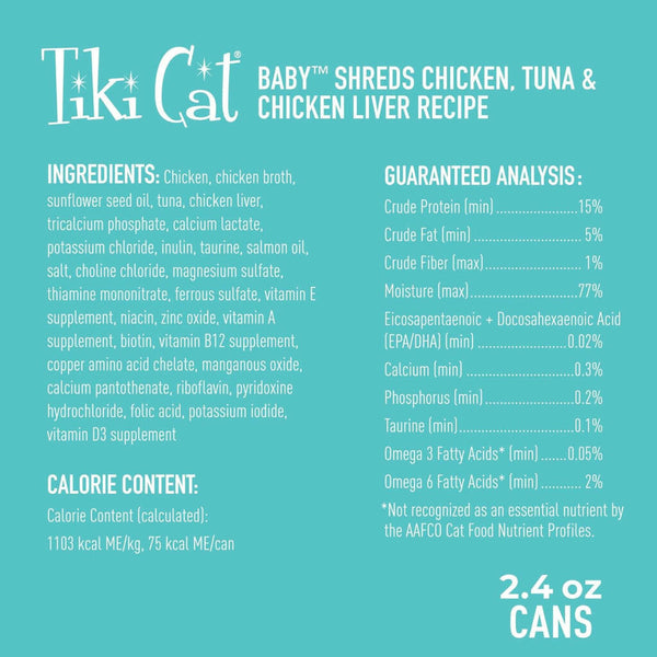 Tiki Cat Baby Shreds Chicken & Tuna & Chicken Liver Grain-Free Wet Food For Cats (2.4 oz x 12 cans)