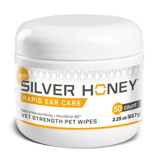 Silver honey pet wipes come in a 50 ct jar and are made with natural ingredients like manuka honey and microsilver bg. 