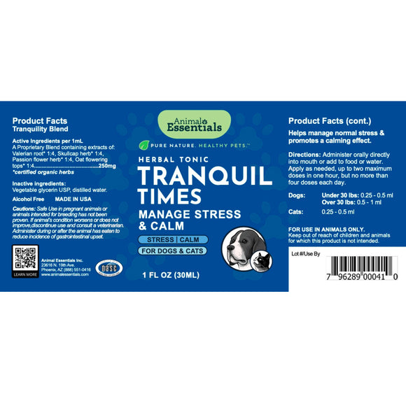 Animal Essentials Tranquil Times Herbal Tonic to Manage Stress & Calm for Dogs & Cats