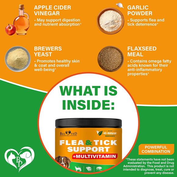 Beloved Pets Natural Flea & Tick Support + Multivitamin Chicken Flavored Soft Chews for Dogs (10 oz)