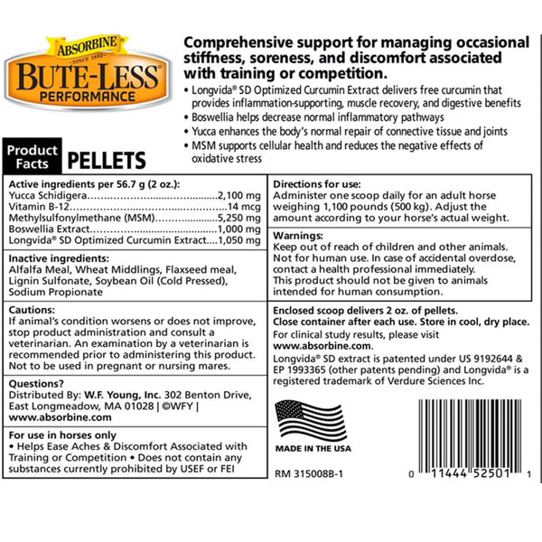 Bute-less horse pellets are made with yucca, vitamin b-12, msm, boswellia extract and optimized curcumin extract.