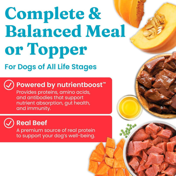 This is a complete and balanced wholesome dog food/topper that is made with real beef. 