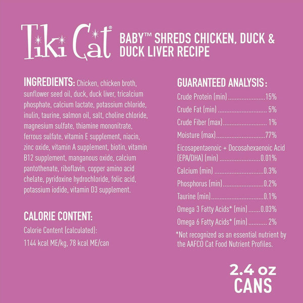 Tiki Cat Baby Shreds Chicken & Duck & Duck Liver Grain-Free Wet Food For Cats(2.4 oz x 12 cans)