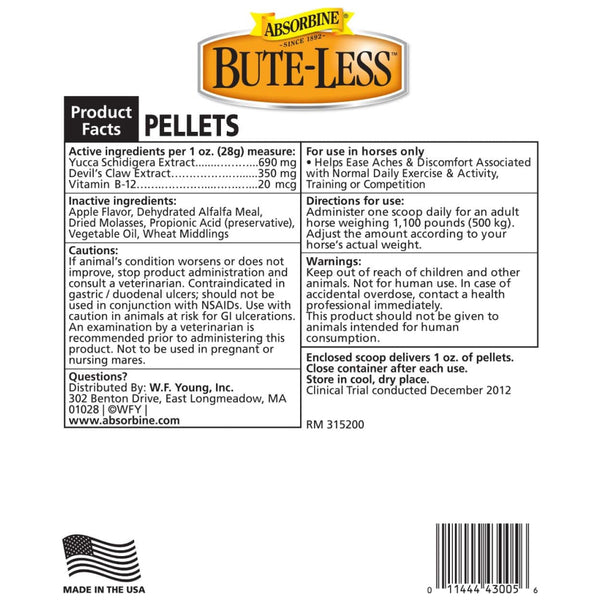 Bute-less pellets for horses contain yucca extract, devil's claw extract and vitamin b-12 as active ingredients