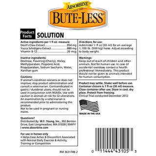 Bute-less for horses contains devil's claw, yucca extract, and vitamin b-12 for horses. 