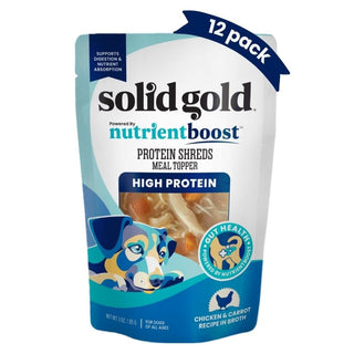 Solid Gold Protein Shred is a high protein dog meal topper that is sold in a pack of 12, three ounce pouches