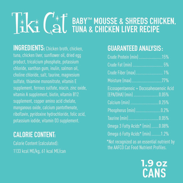 Tiki Cat Baby Shreds Chicken & Tuna & Chicken Liver Mousse Wet Food For Cats (1.9 oz x 3 cans)