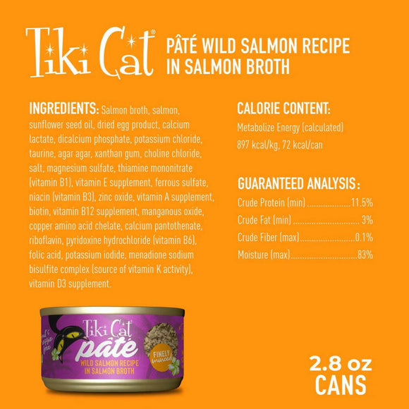 Tiki Cat Luau Wild Salmon Pate Grain-Free Wet Canned Food For Cats (2.8 oz x 12 cans)