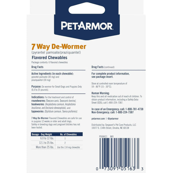 PetArmor 7 Way De-Wormer Small Dogs & Puppies 6 Count