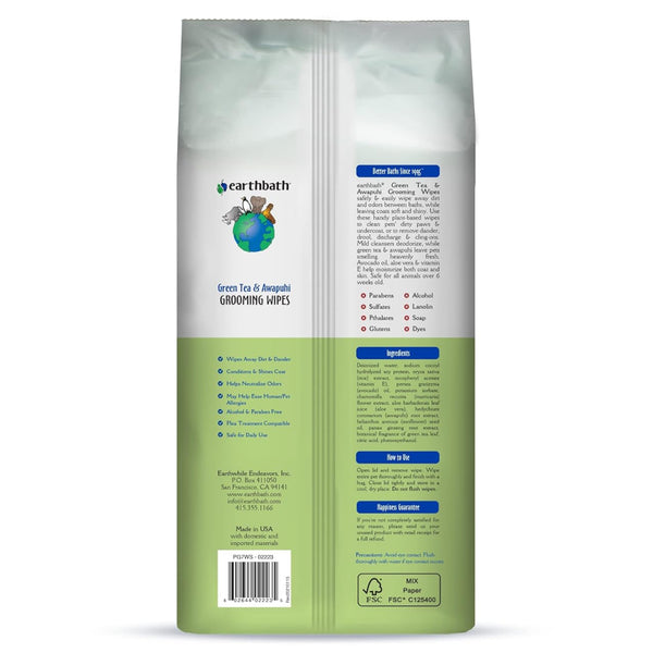 Earthbath Grooming Wipes Green Tea & Awapuhi For Dogs & Cat (100 ct) (Re-Sealable pouch)
