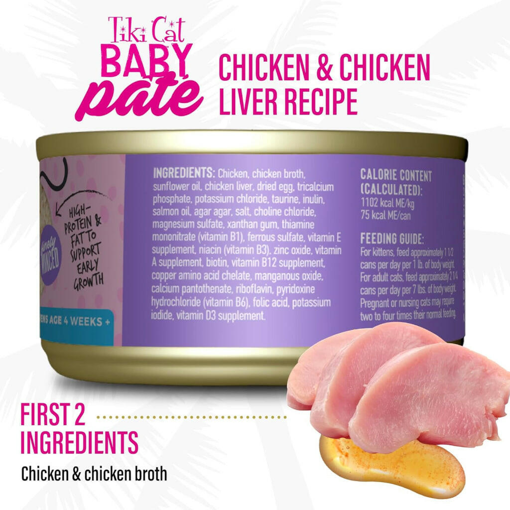 Tiki Cat Baby Pate Chicken and Chicken Liver Grain-Free Wet Food For Kitten (2.4 oz x 12 cans)