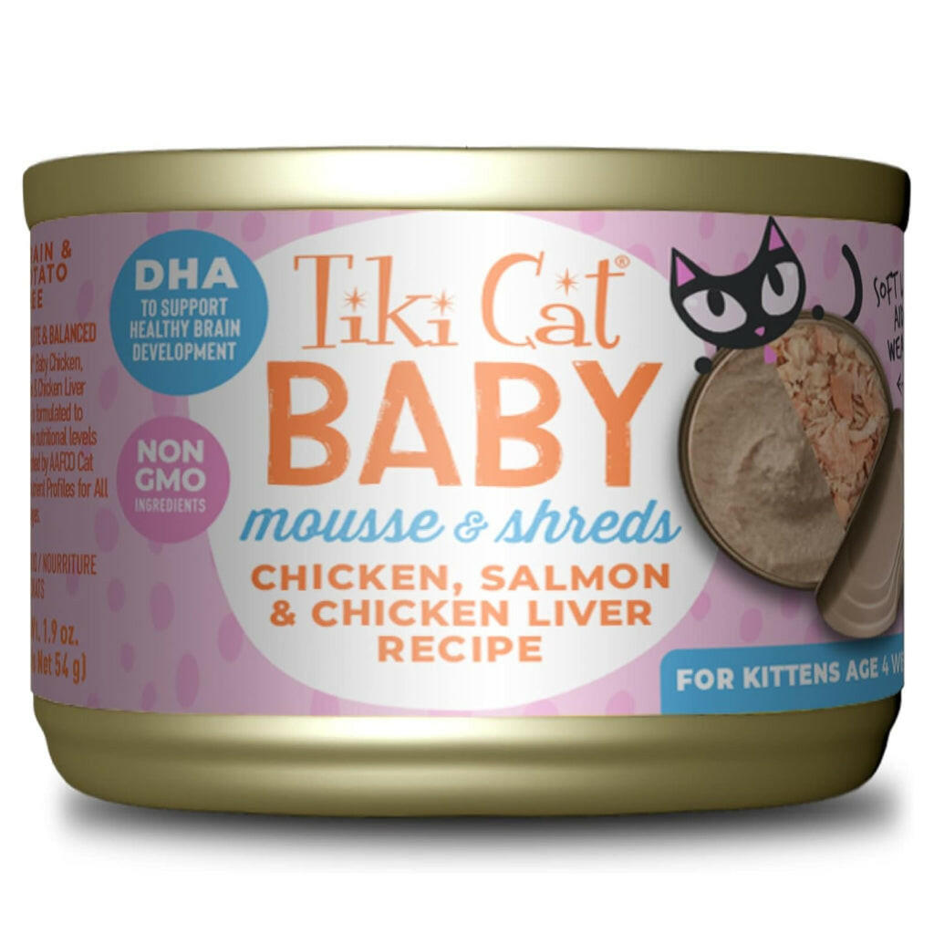 Tiki Cat Baby Chicken, Salmon & Chicken Liver Shreds and Mousse Wet Food For Cats ( 1.9 oz x 3 cans)