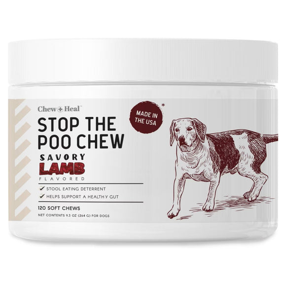 Chew + Heal Stop the Poo Chew Coprophagia Supplement for Dogs- Savory Lamb Flavor (120 Count)