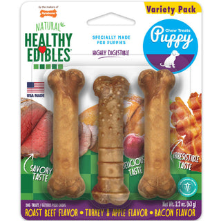 Nylabone Healthy Edibles Roast Beef Turkey & Bacon Puppy Dog Treats -Variety Pack