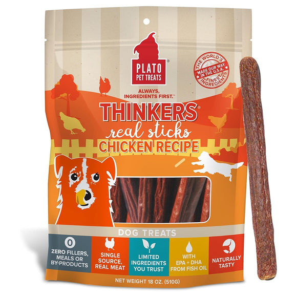 Plato Thinkes Real Chicken Recipe Sticks Dog Treats, 18-oz