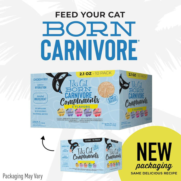 Tiki Cat Born Carnivore Complements Grain-Free Wet Food Topper For Cats-Variety Pack (2.1 oz x 10 Pouch)