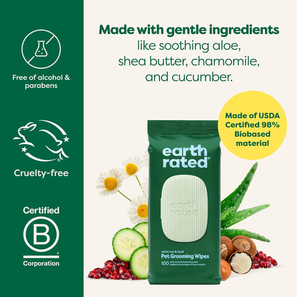 Earth Rated Hypoallergenic Dog Grooming Wipes- White Tea & Basil Scented (100 count)