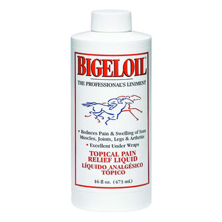 Bigeloil liniment gel for horses is available for purchase at HardyPaw. The liniment is available in a 16 oz, 32 oz or a gallon 