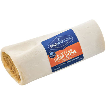 Barkworthies stuffed beef bone treat with a label on a white background