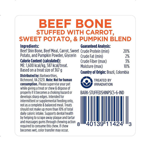 Label for a beef bone treat with ingredients and guaranteed analysis details.
