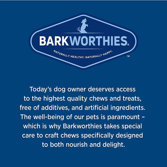 Barkworthies logo with a tagline about pet chews on a blue background