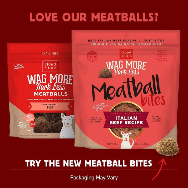 Two packages of Cloud Star Wag More Bark Less Beef Meatball Bites