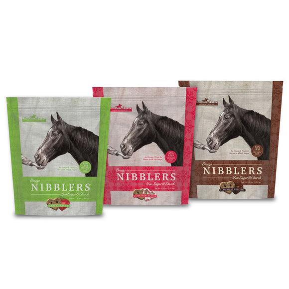 Three packages of Omega Fields Nibblers Low Sugar & Starch horse treats