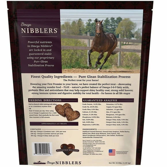 Omega Fields Nibblers horse treats highlighting quality ingredients