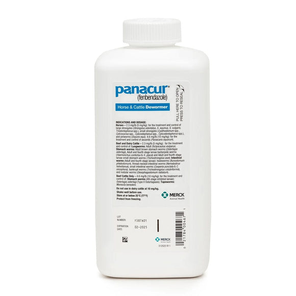 Veterinary deworming medication Panacur in a bottle with branding visible