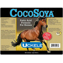 Close-up of Uckele CocoSoya nutritional supplement label for horses