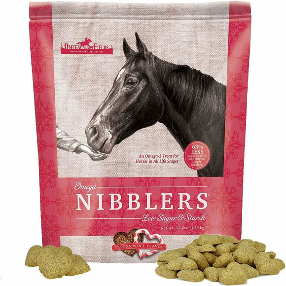 Omega Fields Nibblers horse treats with peppermint flavor featured on the package