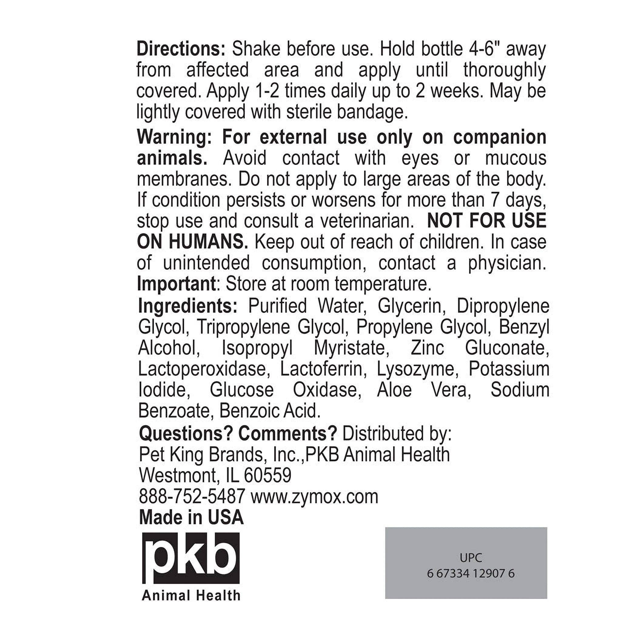 Detailed view of Zymox Topical Spray product information label