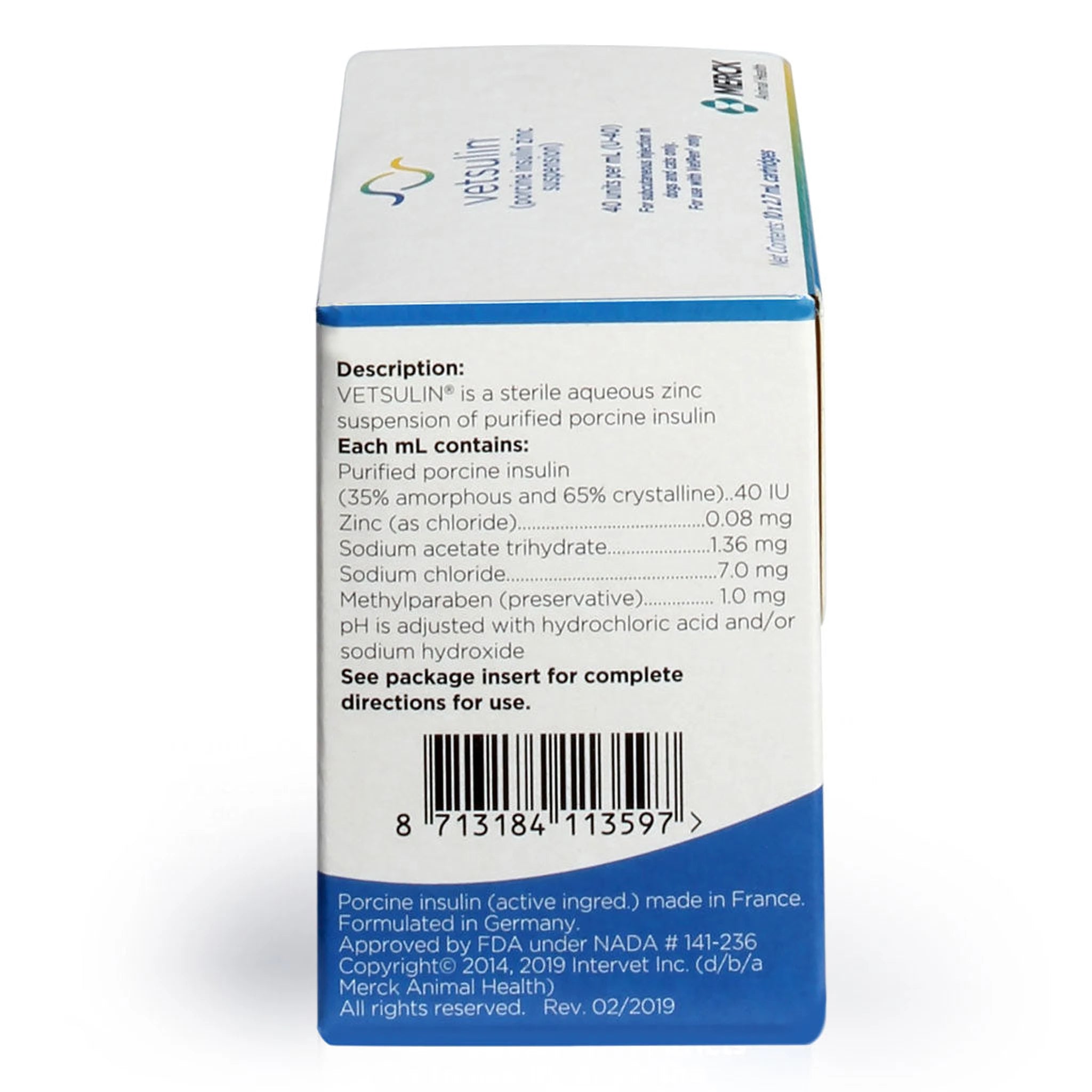 Barcode detail on Vetsulin Insulin U-40 Cartridge box