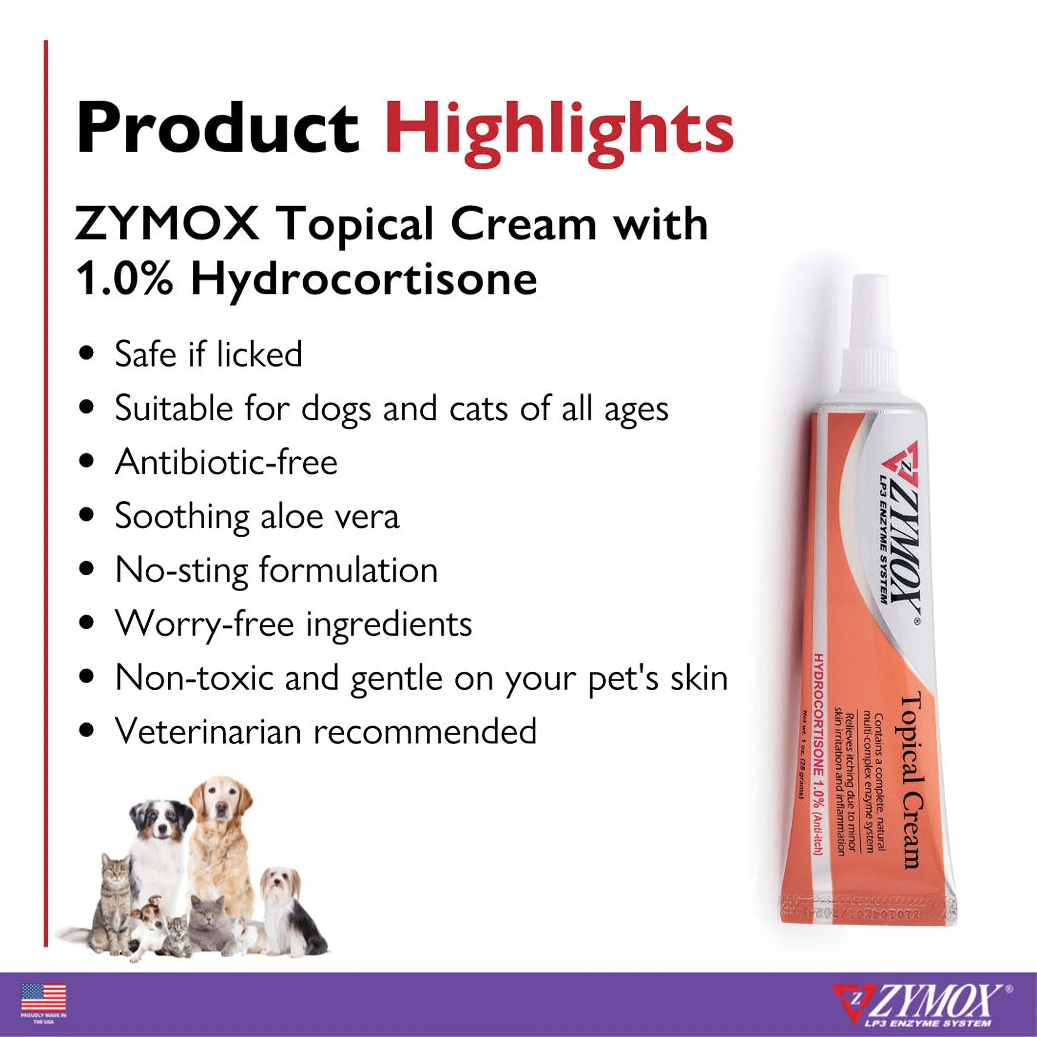 Key features of Zymox cream for dogs and cats highlighted