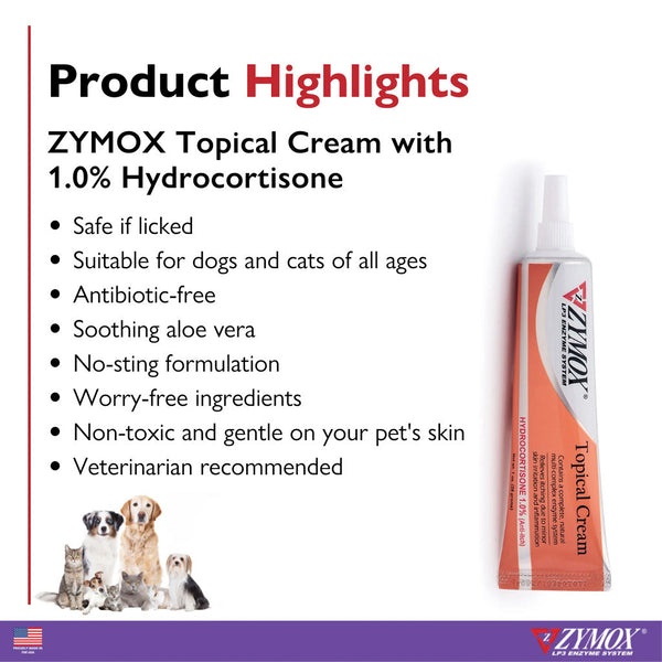 Key features of Zymox cream for dogs and cats highlighted
