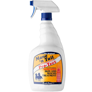Close-up of Mane 'n Tail Pro-Tect Antimicrobial Medicated Spray bottle for horses against a white backdrop
