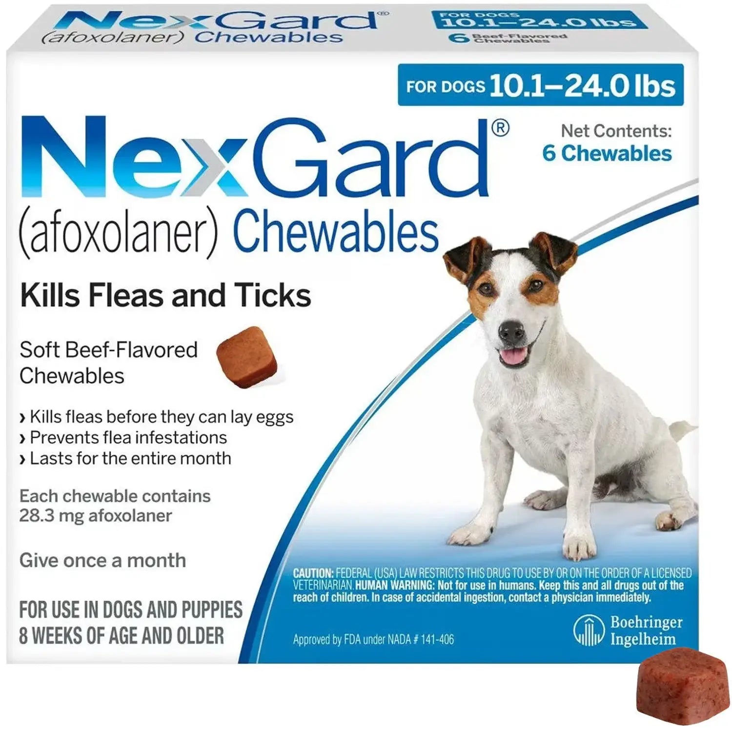 Nexgard chew for dogs 10.1-24 lb kills fleas before they can lay eggs.