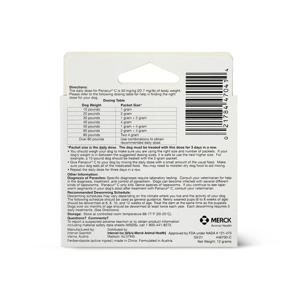 Close-up of Panacur C Canine Dewormer packaging with barcode detail