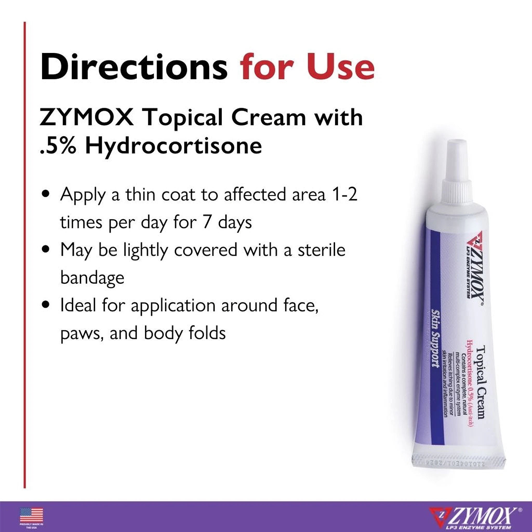 Zymox topical cream tube highlighting 0.5% hydrocortisone content