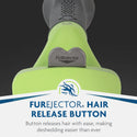 Detail of the Furminator's hair ejector button for easy cleaning